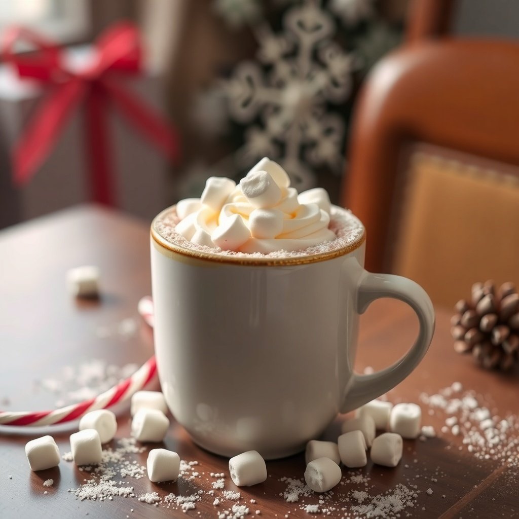 50 Festive December Wallpapers to Brighten Your Screen A cozy cup of hot cocoa topped with marshmallows, surrounded by festive decorations.