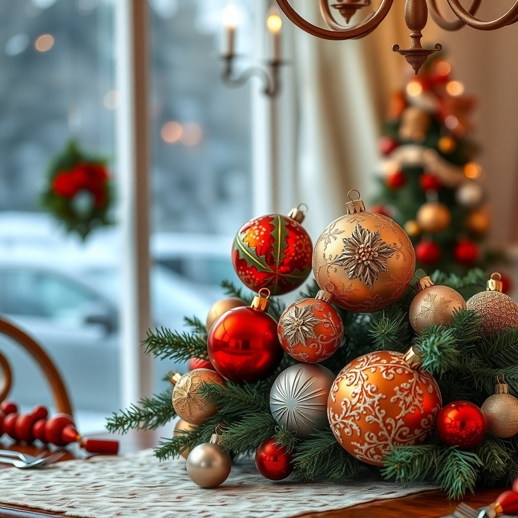 50 Stunning Christmas Table Centerpieces to Elevate Your Holiday Decor A festive Christmas table centerpiece featuring colorful baubles and greenery.