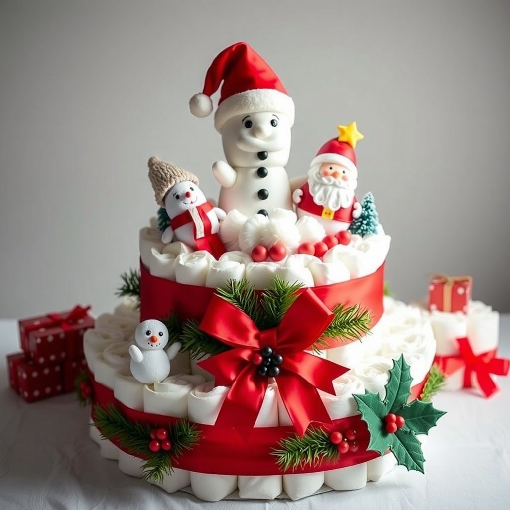 50 Festive Ideas for Creating the Ultimate Christmas Diaper Cake A Christmas diaper cake decorated with a snowman, Santa, and festive elements.
