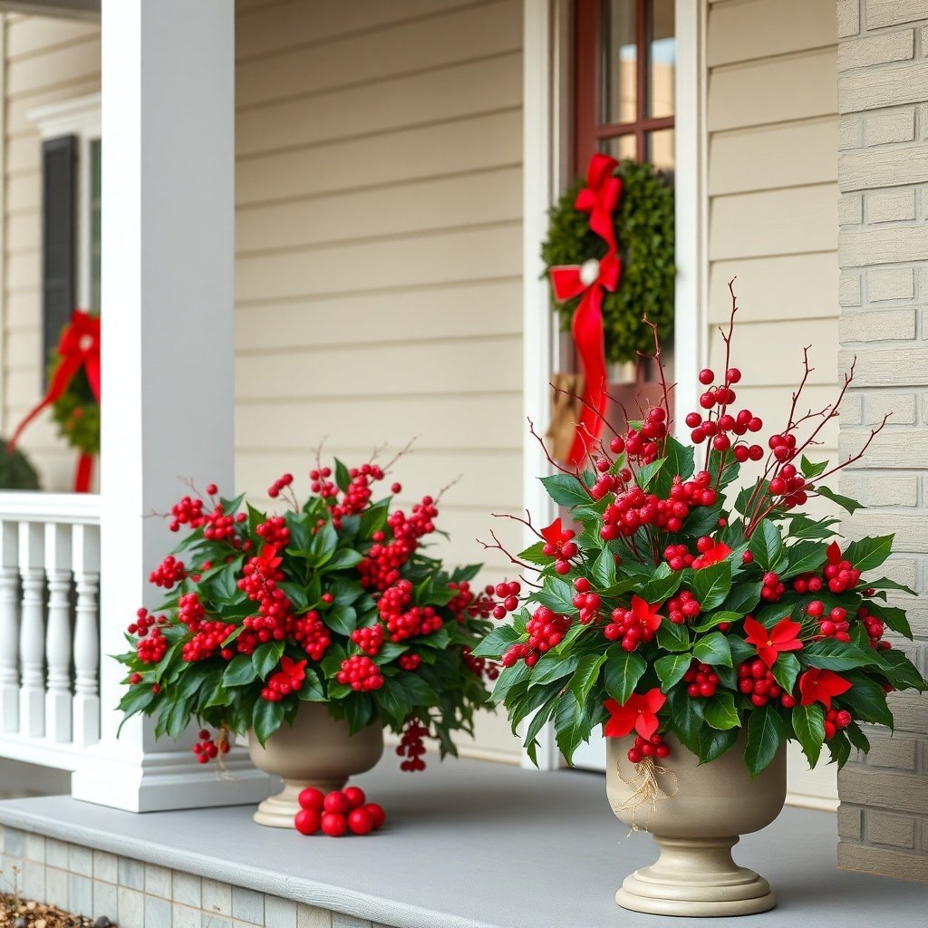 50 Stunning Christmas Porch Decor Ideas to Transform Your Home Christmas porch decor featuring planters with holly and berry accents