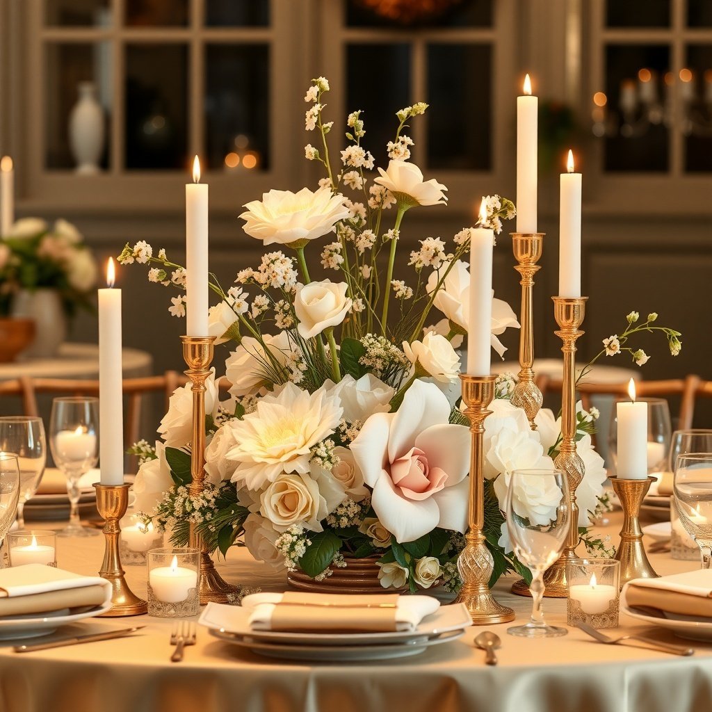 50 Stunning Christmas Table Centerpieces to Elevate Your Holiday Decor A beautifully arranged Christmas table centerpiece featuring gold and white flowers, candles, and elegant table settings.