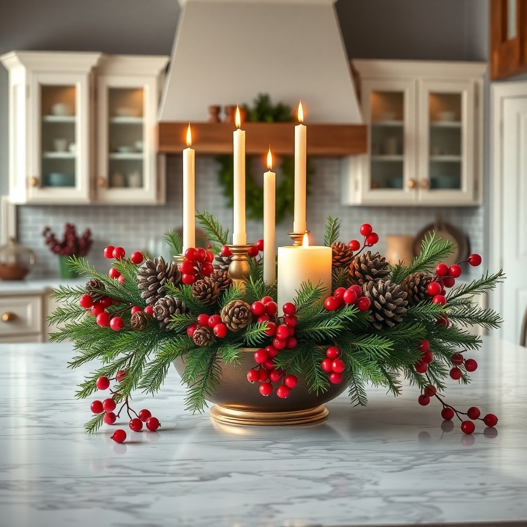 50 Creative Ideas for Christmas Kitchen Decor A festive centerpiece featuring candles, pinecones, and red berries on a kitchen table.
