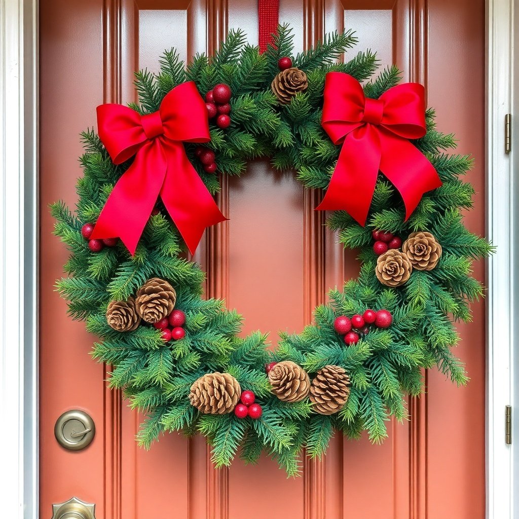 50 Stunning Christmas Porch Decor Ideas to Transform Your Home A festive Christmas wreath with red bows, pine cones, and berries on a door.