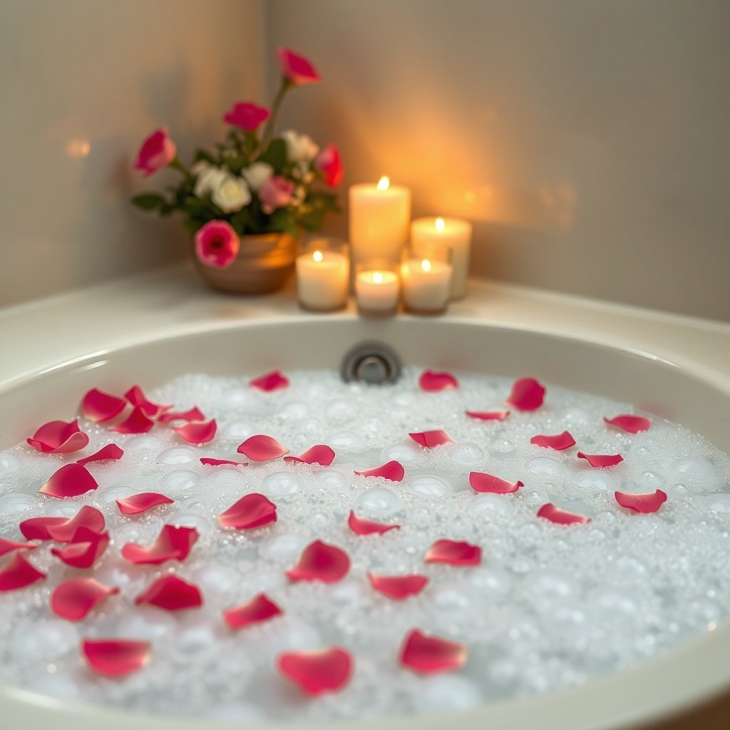 50 Stunning Wedding Night Room Decoration Ideas A romantic bath setup with bubbles, rose petals, and candles. Wedding Night Room Decoration