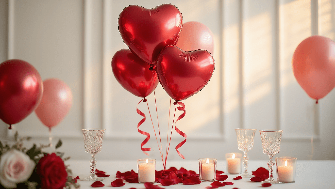 Cinematic close-up of glossy red heart-shaped balloons with silk ribbon tails against a clean white background, adorned with rose petals and flickering candles, featuring a dreamy bokeh effect and rich crimson and blush pink hues, evoking a romantic atmosphere.