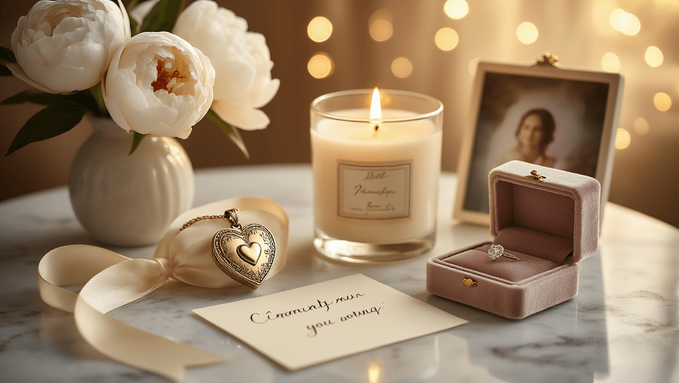 Cinematic close-up of an elegant marble surface adorned with a delicate engraved locket, flickering candle, cream silk ribbon, handwritten love note, fresh peonies in a ceramic vase, and a velvet jewelry box, all captured in warm golden hour lighting with a romantic, intimate atmosphere.