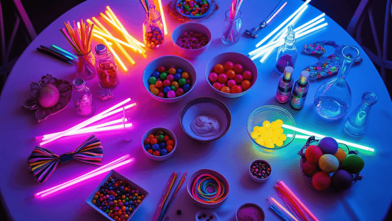 Cinematic overhead shot of a round dining table decorated for a tween birthday party, featuring themed sections for glow sticks, spa supplies, friendship bracelets, and science experiments, all set against a backdrop of elegant decor including a three-tier cake, flowers, candles, and warm lighting.