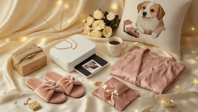 Cinematic overhead flatlay of curated birthday gifts including gold initial necklaces, Kodak portable printer, plush blush slippers, custom pet portrait pillow, monogrammed pajamas, chic belt bags, humorous mugs, statement jewelry, and fresh white roses, all beautifully arranged on a cream silk backdrop with a warm amber and rose gold color palette.
