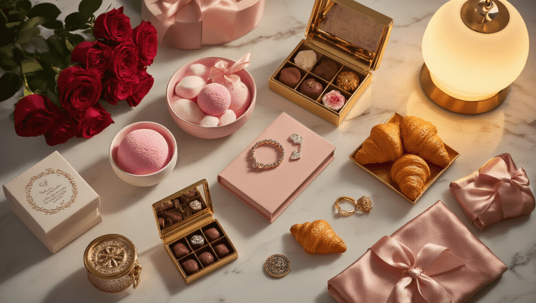 Cinematic overhead view of an elegant marble surface showcasing luxurious Valentine's gifts, including blush pink bath bombs, personalized photo books, engraved jewelry, gourmet chocolate boxes, scented candles, a croissant-shaped lamp, embroidery kits, professional bartender tools, an essential oil diffuser, and silk pajama sets, adorned with fresh red roses and scattered petals, all in a warm terracotta and sage palette.