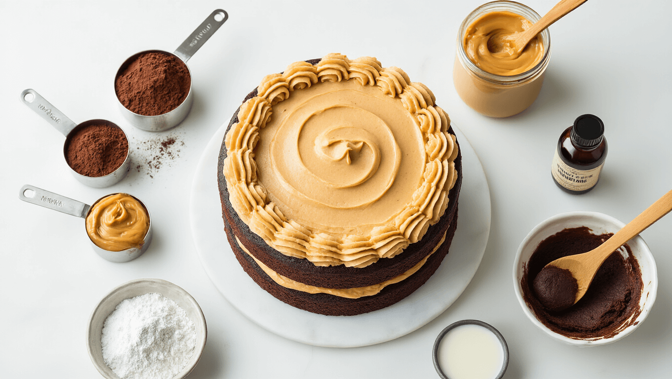 Cinematic overhead view of a two-layer vegan chocolate peanut butter cake on a marble countertop, showcasing rich chocolate layers and creamy peanut butter frosting, surrounded by key baking ingredients with warm golden hour lighting, creating an inviting atmosphere.