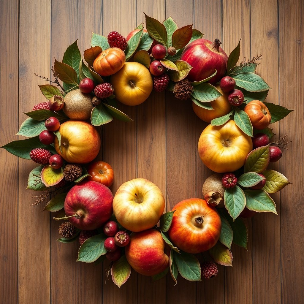 50 Stunning Christmas Wreaths to Decorate Your Home This Holiday Season A Christmas wreath made with various seasonal fruits including apples, pumpkins, and berries, surrounded by green leaves.