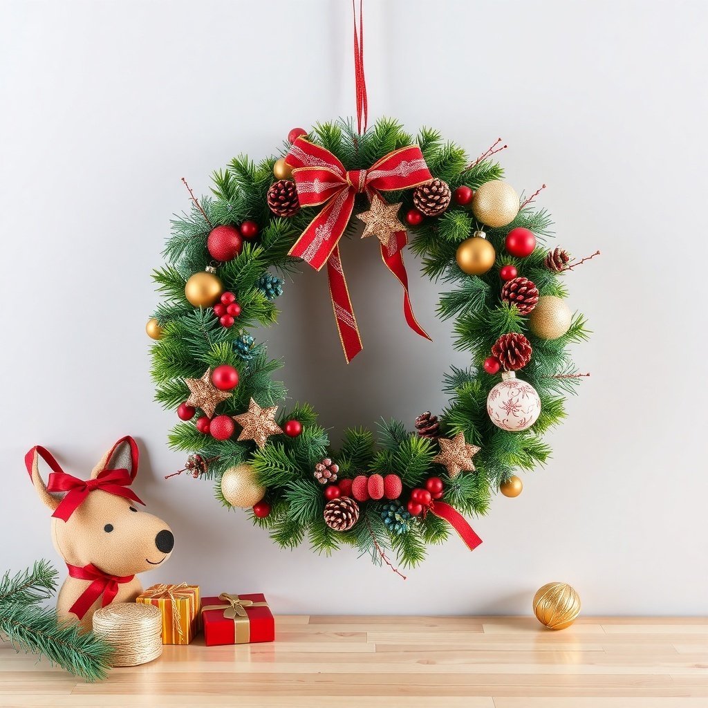50 Stunning Christmas Wreaths to Decorate Your Home This Holiday Season A festive Christmas wreath with ornaments and a red bow, alongside a plush dog and gift boxes.