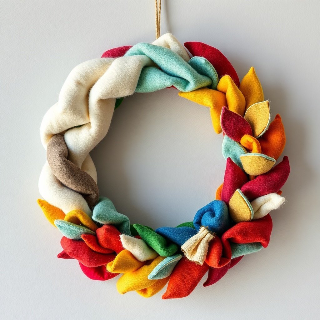 50 Stunning Christmas Wreaths to Decorate Your Home This Holiday Season Colorful felt Christmas wreath with twisted fabric pieces