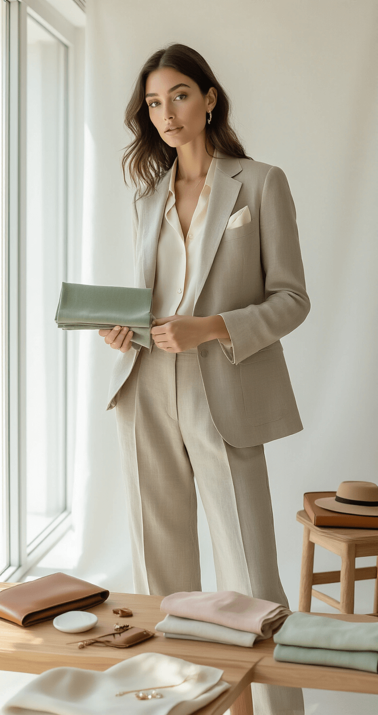Linen Suits for Summer Weddings A model in a taupe linen blazer and cream silk pocket square poses in a bright studio with floor-to-ceiling windows, showcasing matching wide-leg trousers. She's holding swatches of sage green, blush pink, and stone grey linen, with a wooden styling table featuring leather accessories and delicate jewelry pieces in the background.