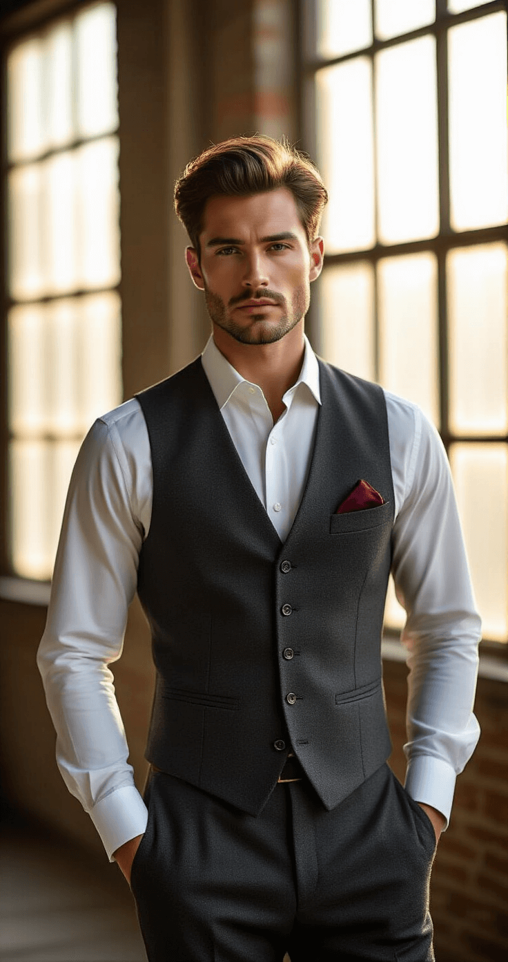 Achieving the Perfect Tailored Waistcoat Look A sophisticated male model in a tailored charcoal gray wool waistcoat with burgundy silk lining, standing in a vintage sunlit photography studio, illuminated by golden hour light through industrial windows, showcasing precise tailoring details and a crisp white dress shirt, with a focus on shoulder seam alignment and V-cut silhouette.