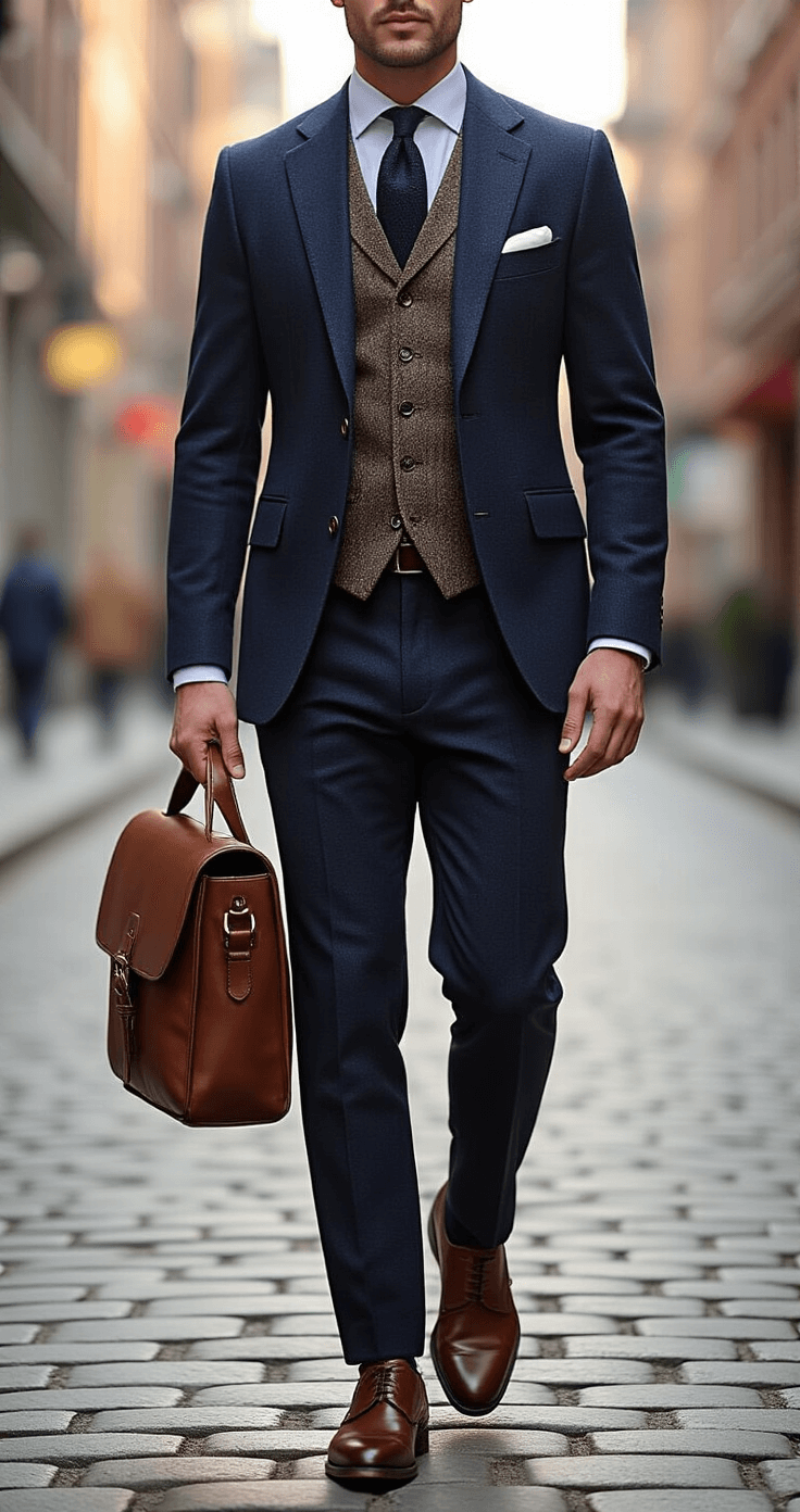Achieving the Perfect Tailored Waistcoat Look A young professional male in a navy three-piece suit with a tweed waistcoat walks confidently down a cobblestone street, illuminated by soft morning light, showcasing modern masculinity and sartorial confidence.