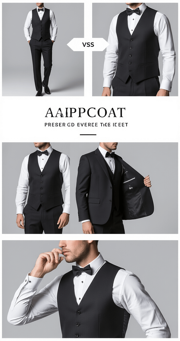 Achieving the Perfect Tailored Waistcoat Look A male model showcases the versatility of a waistcoat in a dramatic split-scene photoshoot, featuring a refined three-piece black tie outfit on one side and a relaxed weekend ensemble on the other. The clean studio setting and dramatic side lighting emphasize the precise fit and styling transitions, highlighting crisp fabric details and layering techniques.