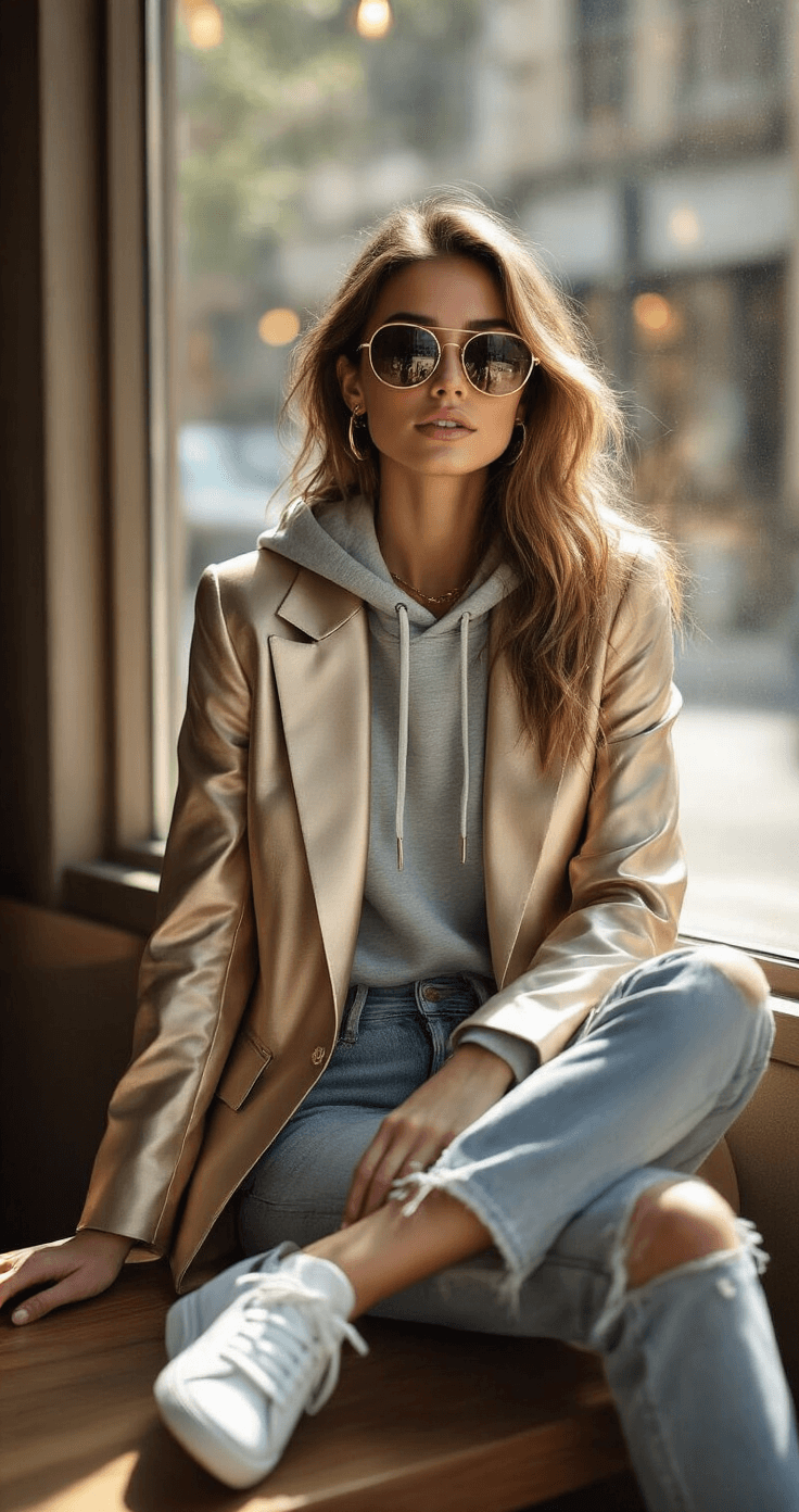 How to Rock a Statement Blazer in Metallic Tones Without Looking Like a Disco Ball A woman in a champagne metallic blazer over a fitted gray hoodie and high-waisted distressed jeans sits in a sun-drenched coffee shop window wearing oversized sunglasses and minimal gold jewelry, embodying a relaxed street-style aesthetic.