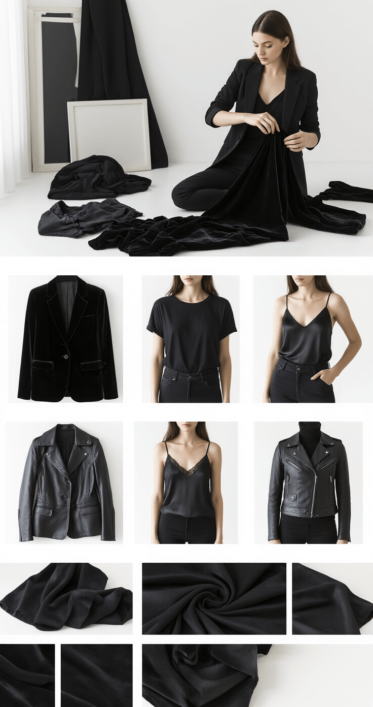 How to Style Monochrome All-Black Outfits That Actually Look Intentional (Not Like You Forgot to Do Laundry) A model styling various black clothing pieces, including a velvet blazer, cotton tee, silk camisole, and leather jacket, against a clean white backdrop, with soft natural light creating shadows that highlight the textures and depth of the fabrics.