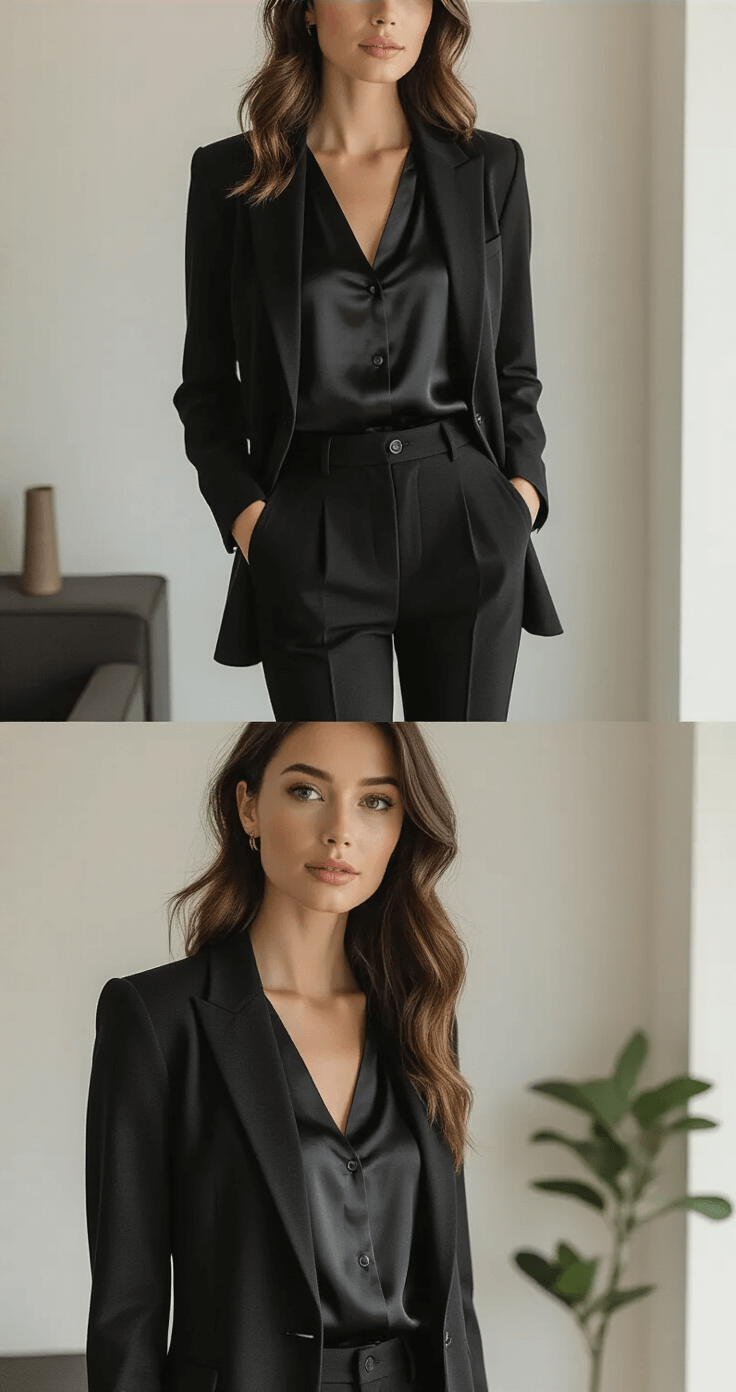 How to Style Monochrome All-Black Outfits That Actually Look Intentional (Not Like You Forgot to Do Laundry) A stylish woman in an all-black smart-casual outfit, featuring high-waisted trousers, a satin blouse, and a structured blazer, working at a modern minimalist workspace with warm ambient lighting and a contemporary interior.