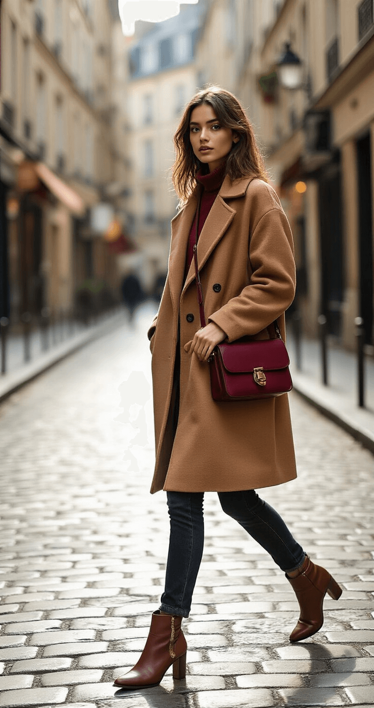 How Long Does It Take to Get Wedding Photos Back? Real Timelines from a Former Bride A young fashion model strolls confidently through a chic cobblestone street in Paris, showcasing a layered autumn outfit featuring a camel wool oversized coat, dark skinny jeans, and ankle boots with metallic accents, while carrying a burgundy leather crossbody bag; morning light creates soft shadows, enhancing the urban sophistication of the scene.