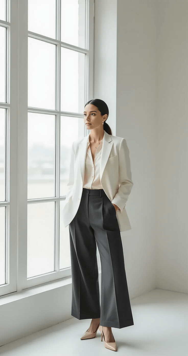 How Long Should You Date Before Getting Married? The Real Answer Nobody Talks About A 30-year-old professional woman in a white tailored blazer and cream silk blouse poses against a clean white backdrop, wearing high-waisted charcoal grey wide-leg trousers and nude pointed-toe leather pumps, with natural styling, soft mid-morning light, and hair in a sleek low ponytail.