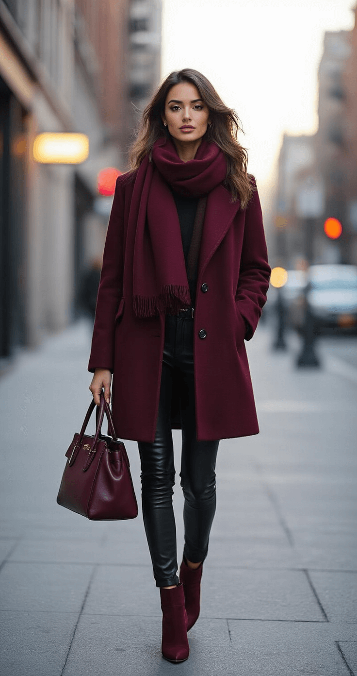 How Long Should You Date Before Getting Married? The Real Answer Nobody Talks About A stylish 26-year-old woman in a monochromatic burgundy wool coat, black leather skinny pants, and burgundy suede ankle boots confidently walks at an urban street corner during early evening, her silhouette illuminated by a soft streetlamp. She accessorizes with an oversized wool scarf and a structured leather handbag, her windblown hair and minimal makeup enhancing her modern, independent look.