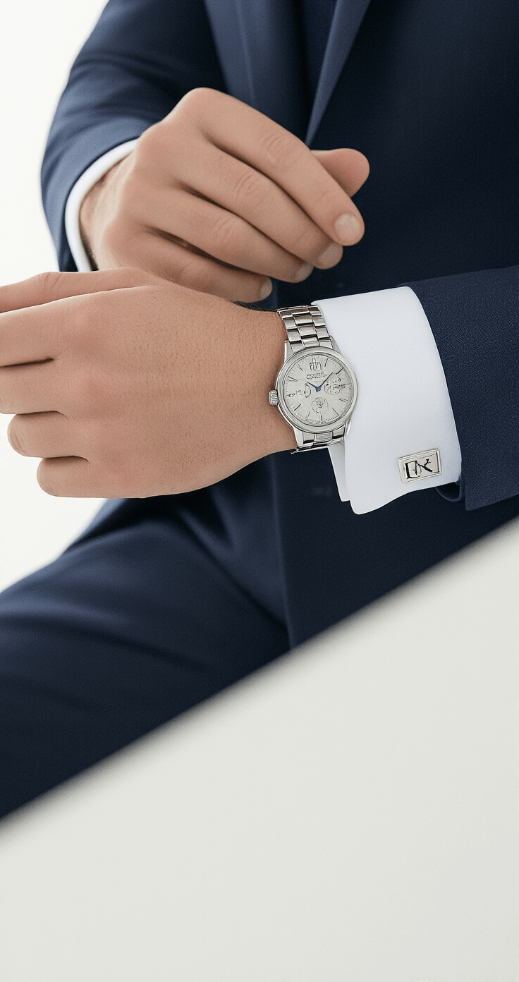 How Long to Get Suit Tailored: Real Timelines You Need to Know Close-up of hands adjusting French cuff sleeves on a made-to-measure navy blue suit, highlighting fine wool fabric texture, embroidered monogram on a pressed shirt cuff, and a luxurious silver watch, set against a minimalist white background with soft diffused natural light.
