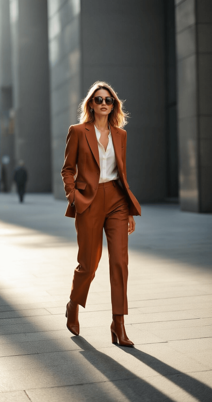 How Long to Get Suit Tailored: Real Timelines You Need to Know A confident woman in a rust-colored wool blazer and slim-cut trousers walks down a modern urban street during late afternoon, her silhouette highlighted by soft backlighting. She wears cognac leather ankle boots and oversized sunglasses, with contemporary architecture in the background.