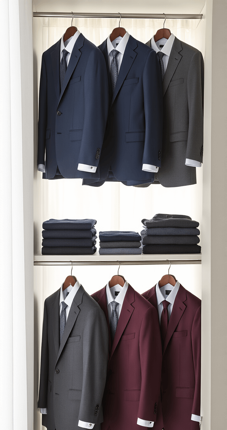 How Long to Get Suit Tailored: Real Timelines You Need to Know A meticulously organized closet featuring tailored suits in navy, charcoal, and deep burgundy tones, with color-coordinated hangers and soft morning light filtering through sheer curtains.