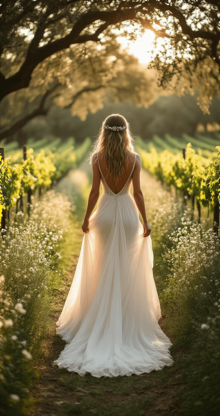 How Long Should You Actually Walk Down the Aisle? (And Why It Matters More Than You Think) A bride in a flowing ivory chiffon wedding dress walks down a natural aisle adorned with greenery and wildflowers, bathed in warm late afternoon sunlight filtering through oak trees, creating a dreamy, romantic atmosphere.