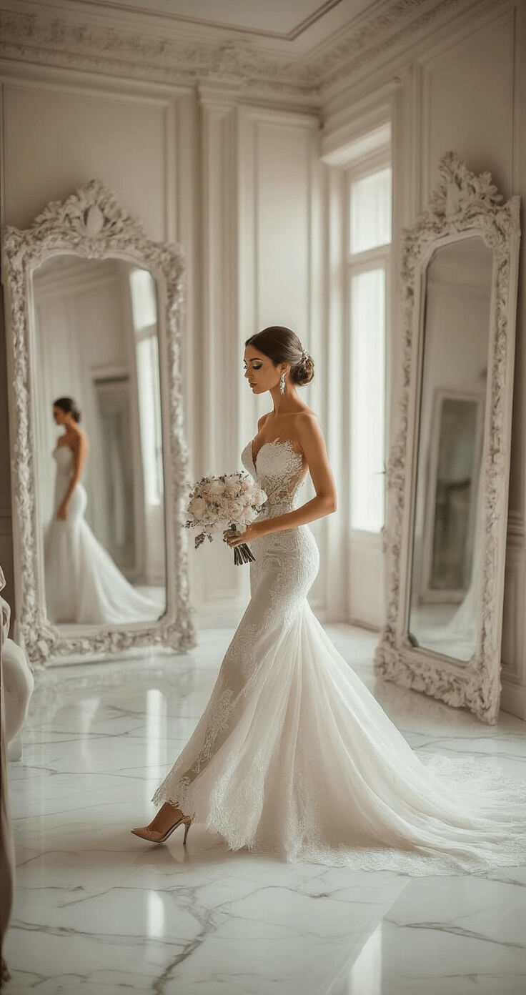 How Long Should You Actually Walk Down the Aisle? (And Why It Matters More Than You Think) A bride in a couture wedding gown practices her aisle walk in a luxurious bridal suite with white marble floors and ornate mirrors, holding a practice bouquet and wearing designer heels under soft natural lighting.