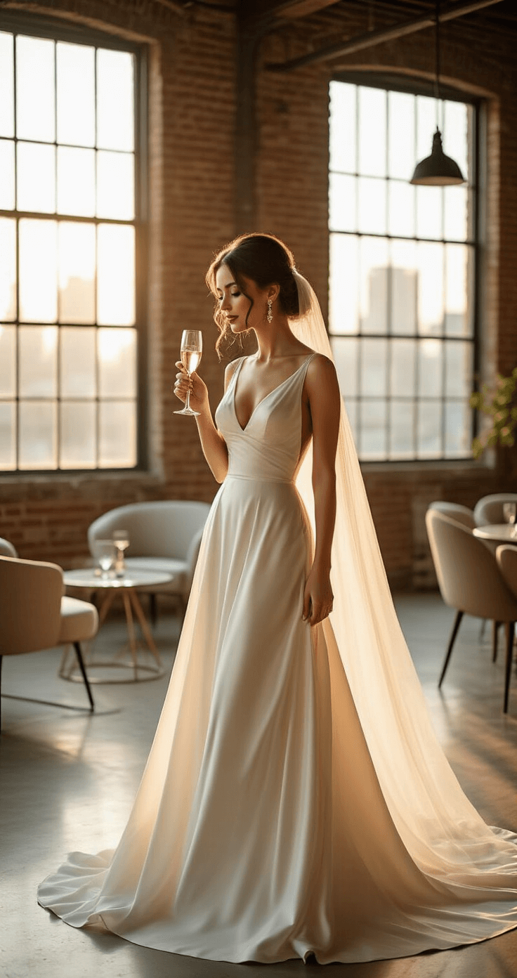 How Long Should a Wedding Reception Last? Here's What Actually Works A bride in an ivory silk gown adjusts her vintage veil and holds a champagne flute in a sunlight-filled urban loft with industrial decor.