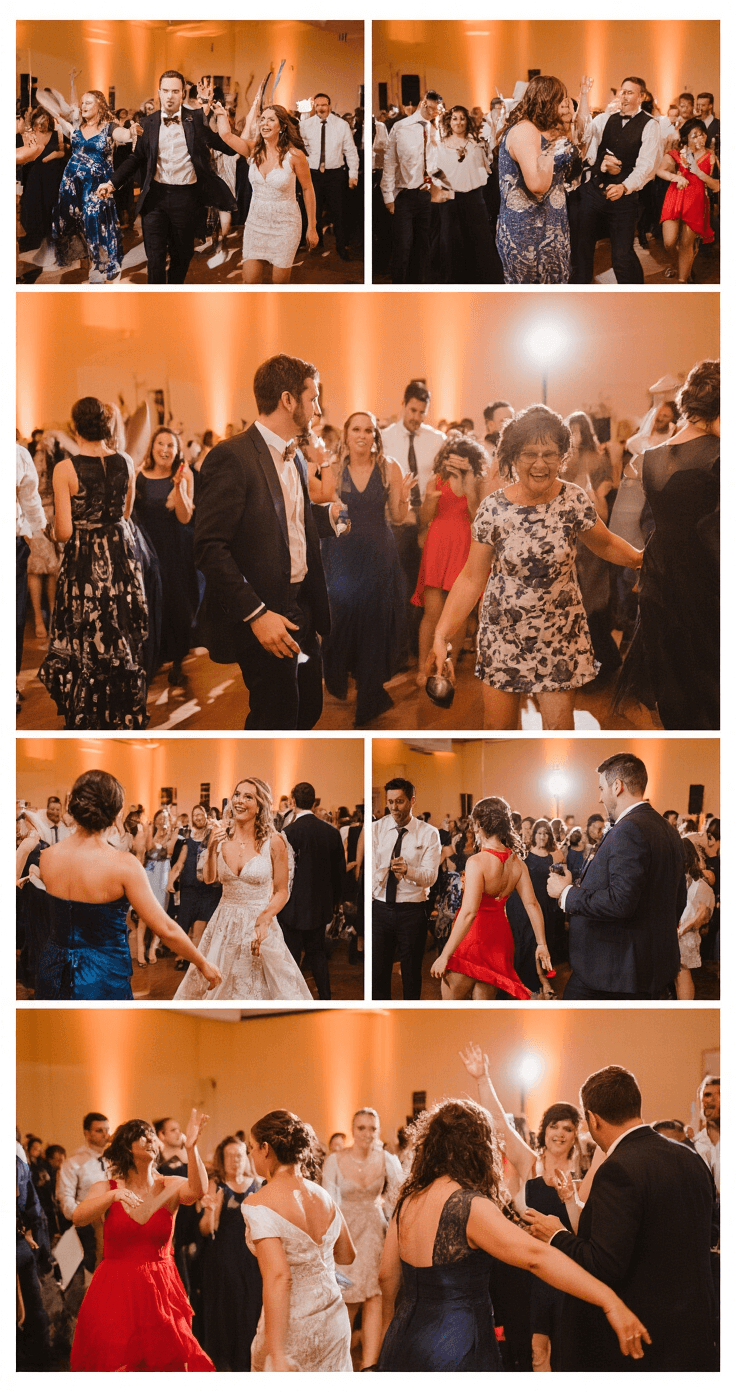How Long Should a Wedding Reception Last? Here's What Actually Works A lively wedding reception dance floor filled with guests in semi-formal attire, featuring women in jewel-toned dresses and men in tailored suits, illuminated by warm amber uplighting, with a live band in the background and dynamic motion captured through soft blur and lens flare.