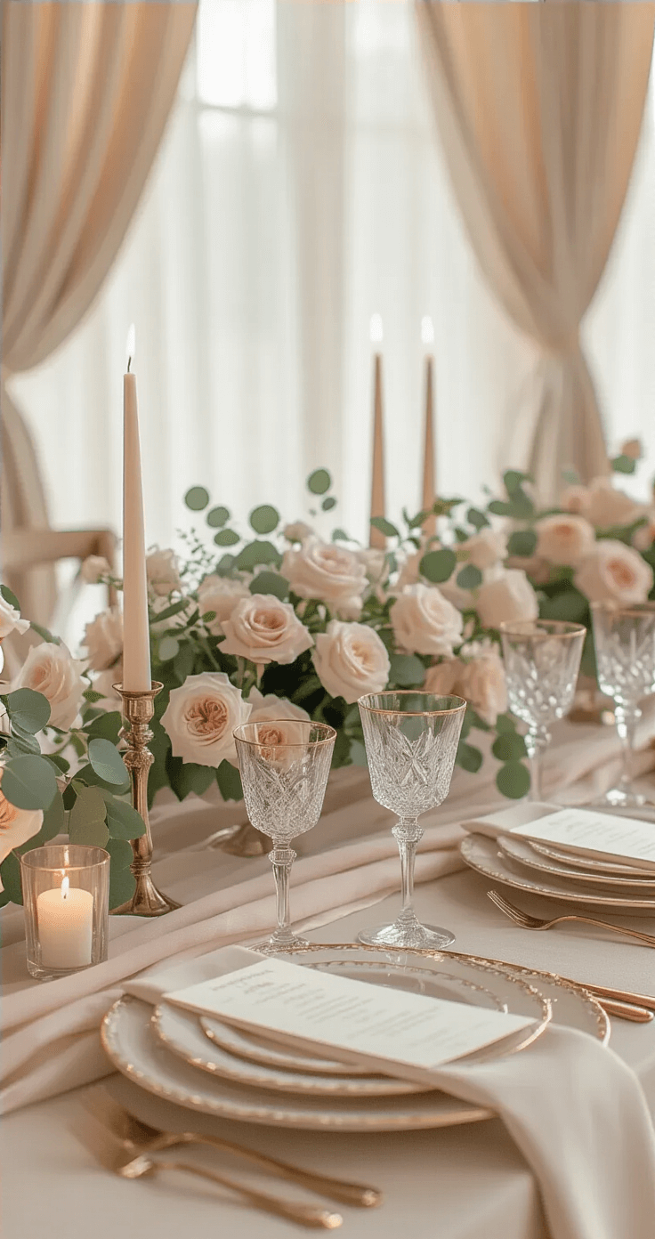 How Long Should a Wedding Reception Last? Here's What Actually Works An elegant wedding reception table set with blush and ivory colors, featuring crystal stemware, gold-rimmed porcelain plates, delicate floral centerpieces, and soft natural light filtering through sheer curtains, creating a romantic ambience.