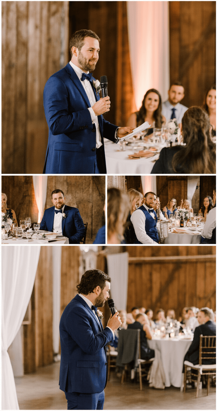 How Long Should a Wedding Reception Last? Here's What Actually Works A best man in a tailored navy suit delivers a heartfelt wedding toast, surrounded by elegantly dressed guests in a softly lit reception venue, capturing genuine emotions and intimate moments.