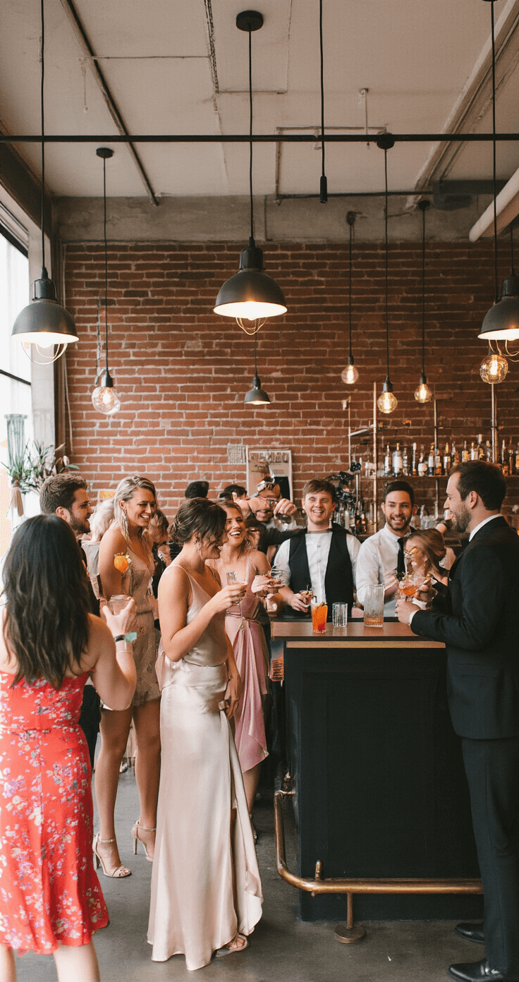 How Long Should a Wedding Reception Last? Here's What Actually Works A chic wedding after-party scene in an urban lounge with exposed brick walls and modern lighting, featuring young guests in stylish cocktail attire enjoying craft cocktails and laughing.