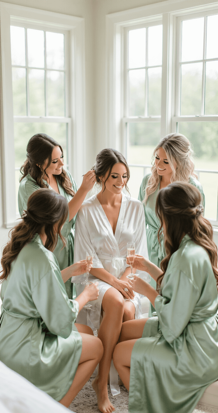 How Long Should a Wedding Reception Last? Here's What Actually Works A bride and her bridesmaids in coordinating soft sage green silk robes share a joyful getting-ready moment in a bright bridal suite, with natural light highlighting makeup application, champagne toasts, and jewelry styling.