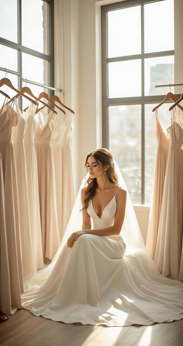 How Many Bridesmaids Should You Actually Have? Let's Talk Real Numbers A sunlit loft apartment features a sophisticated bride surrounded by soft neutral-toned bridesmaids' dresses and high-end wooden hangers displaying elegant gowns. The scene captures an intimate pre-wedding styling moment with delicate silk robes, crisp white cotton shirts, and soft champagne-colored accessories, all bathed in warm golden hour light.