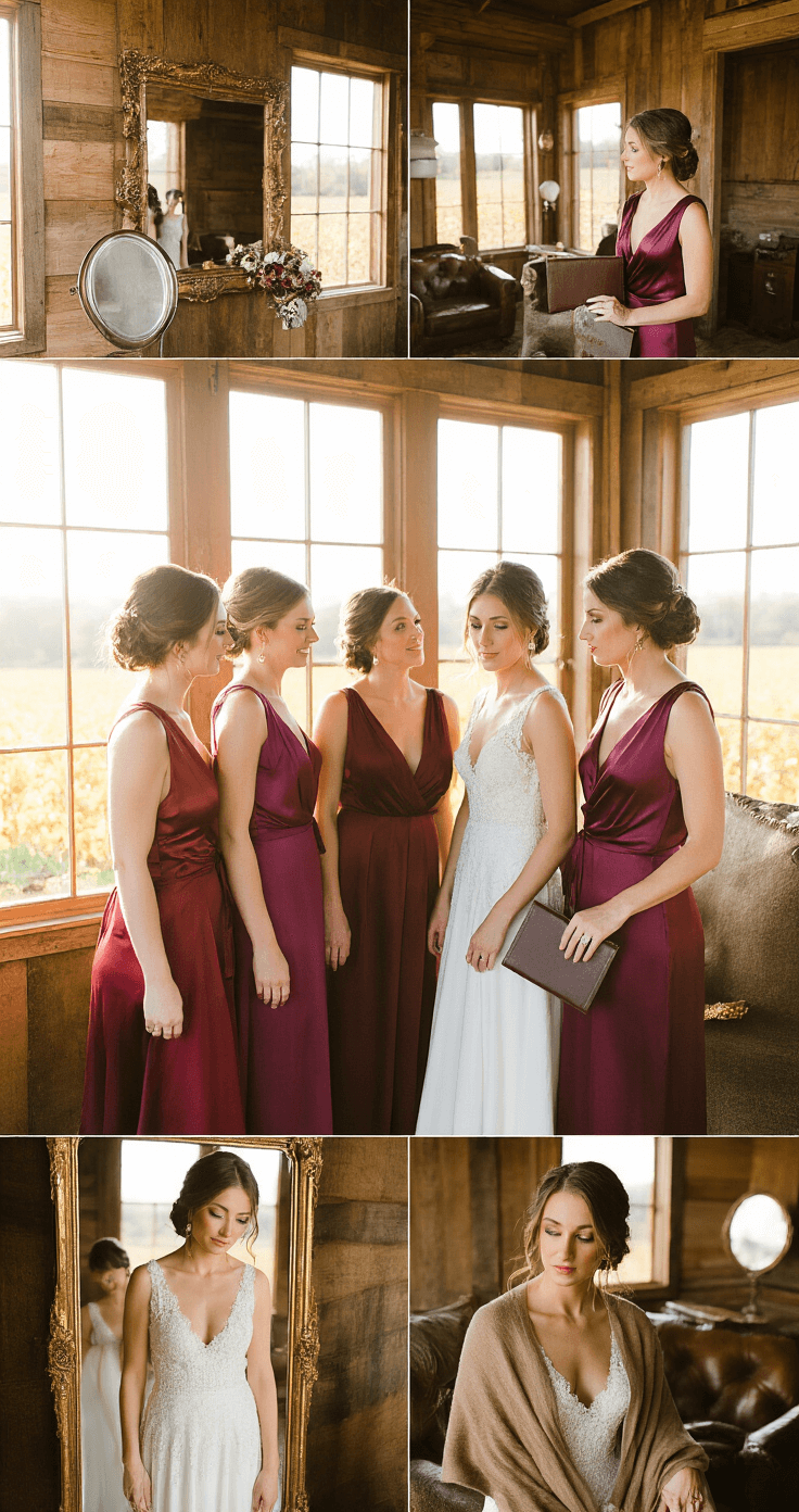 How Many Bridesmaids Should You Actually Have? Let's Talk Real Numbers Bridesmaids in jewel-toned silk dresses prepare for a vineyard wedding, surrounded by vintage decor and warm autumn light, showcasing candid moments and elegant accessories.