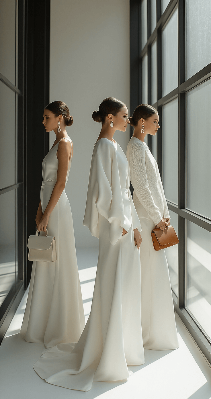 How Many Bridesmaids Should You Actually Have? Let's Talk Real Numbers Three bridesmaids in structured monochrome outfits stand in a modern minimalist studio with floor-to-ceiling windows, showcasing dramatic natural light. They carry structured leather handbags and wear architectural jewelry, while their hair is styled in sleek low buns. The scene features a precise layering of smooth silk, crisp cotton, and soft cashmere, captured in high-contrast photography that emphasizes geometric lines and sophisticated styling.