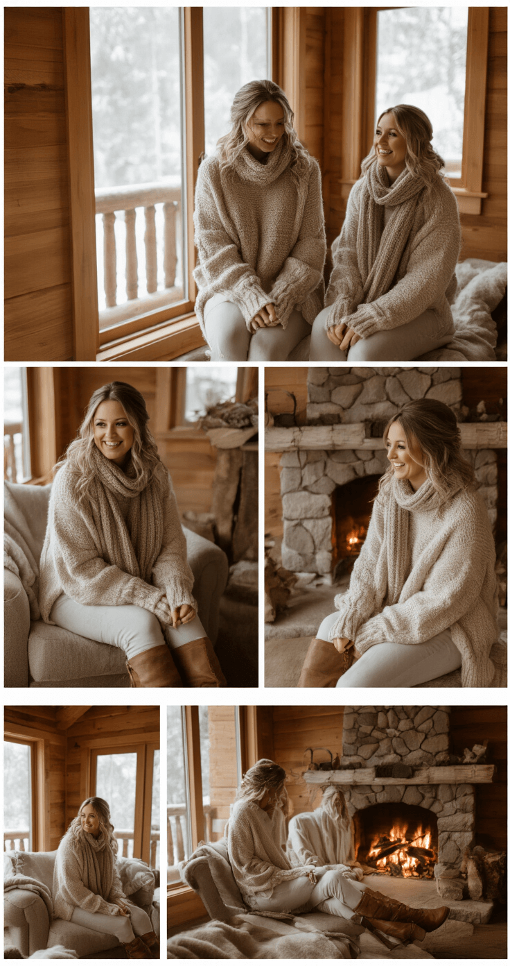 How Many Bridesmaids Should You Actually Have? Let's Talk Real Numbers Bridesmaids in oversized knit sweaters laugh and prepare for a cozy winter wedding in a luxurious mountain chalet, surrounded by natural wood interiors and warm fireplace light, emphasizing comfort and intimacy.