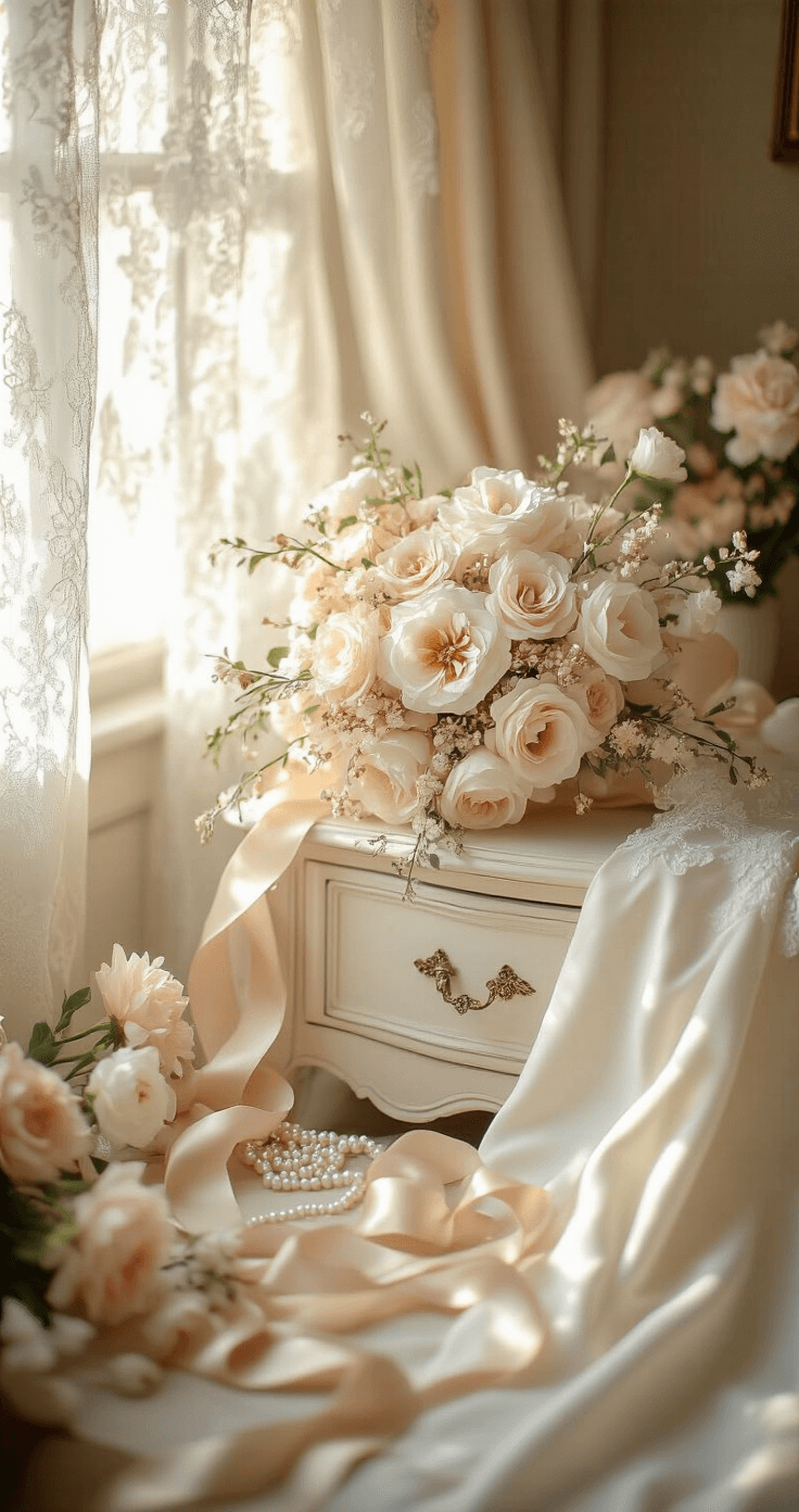 How Much Do Wedding Flowers Really Cost in 2025? A serene bridal preparation scene featuring a silk wedding bouquet on an antique white dresser, an ivory satin wedding dress nearby, and scattered blush and champagne flowers, all illuminated by soft natural light through lace curtains.