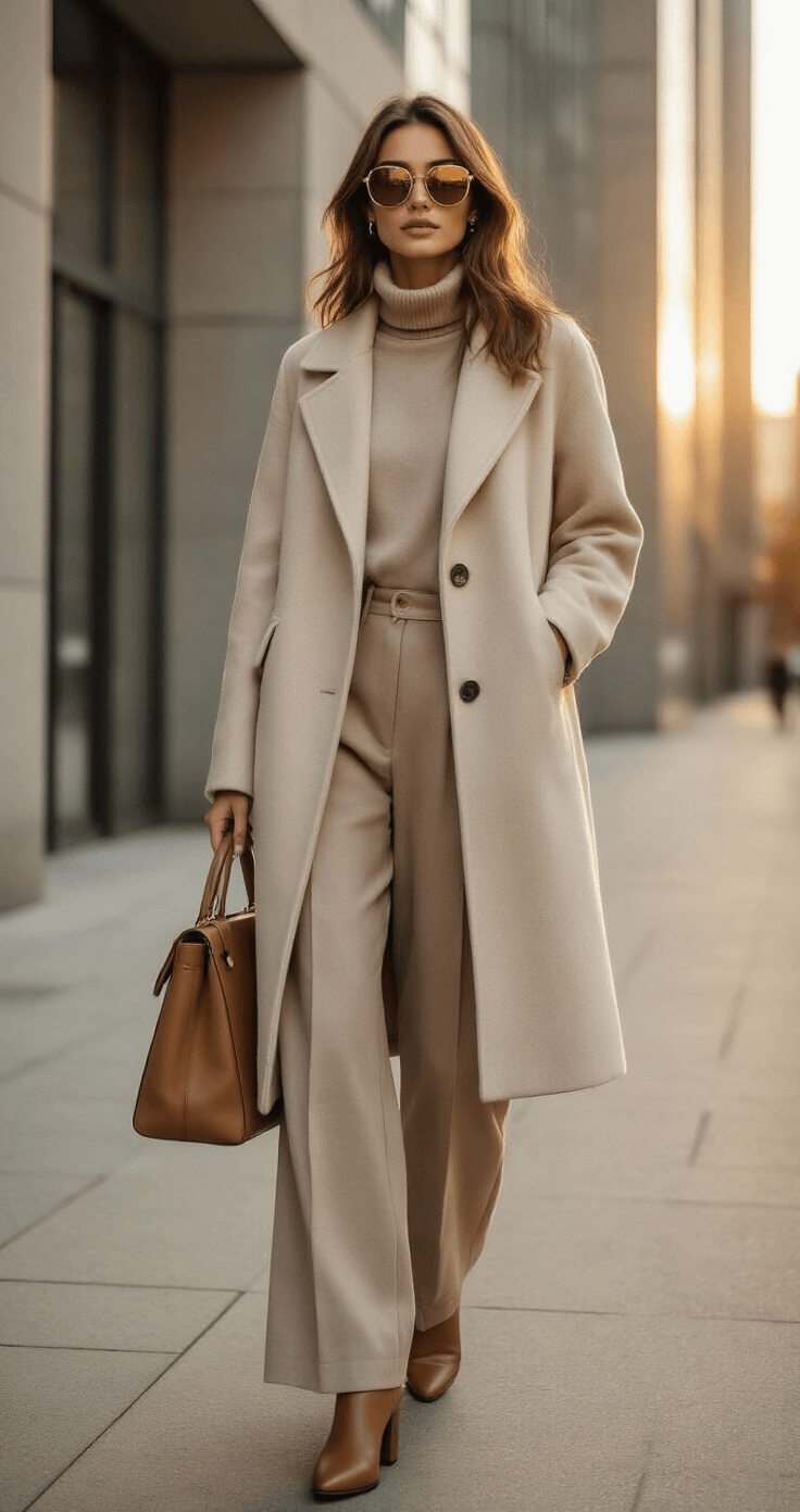 How Much Do Wedding Flowers Really Cost in 2025? Young professional woman in layered neutral-toned wool coat, cashmere turtleneck, and tailored wide-leg trousers, posing on an urban walkway during golden hour, with modern glass buildings in the background and styled with oversized sunglasses and a leather handbag.