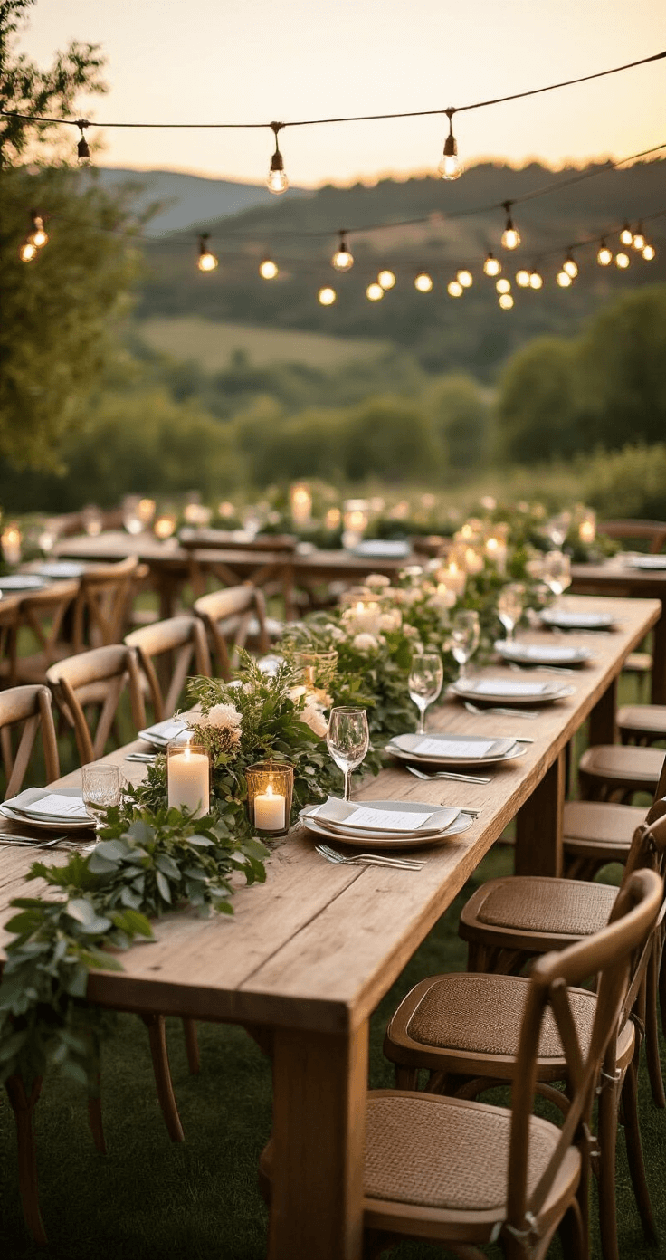 How Much Is a Wedding? Real Costs, Budget Breakdowns, and What to Actually Expect in 2025 Stylish outdoor wedding reception at sunset with long wooden tables adorned with lush greenery centerpieces, soft string lights, and elegant mismatched vintage chairs. A soft blush and sage color scheme is complemented by candlelight, creating a romantic atmosphere amidst a scenic landscape, captured with cinematic depth of field.