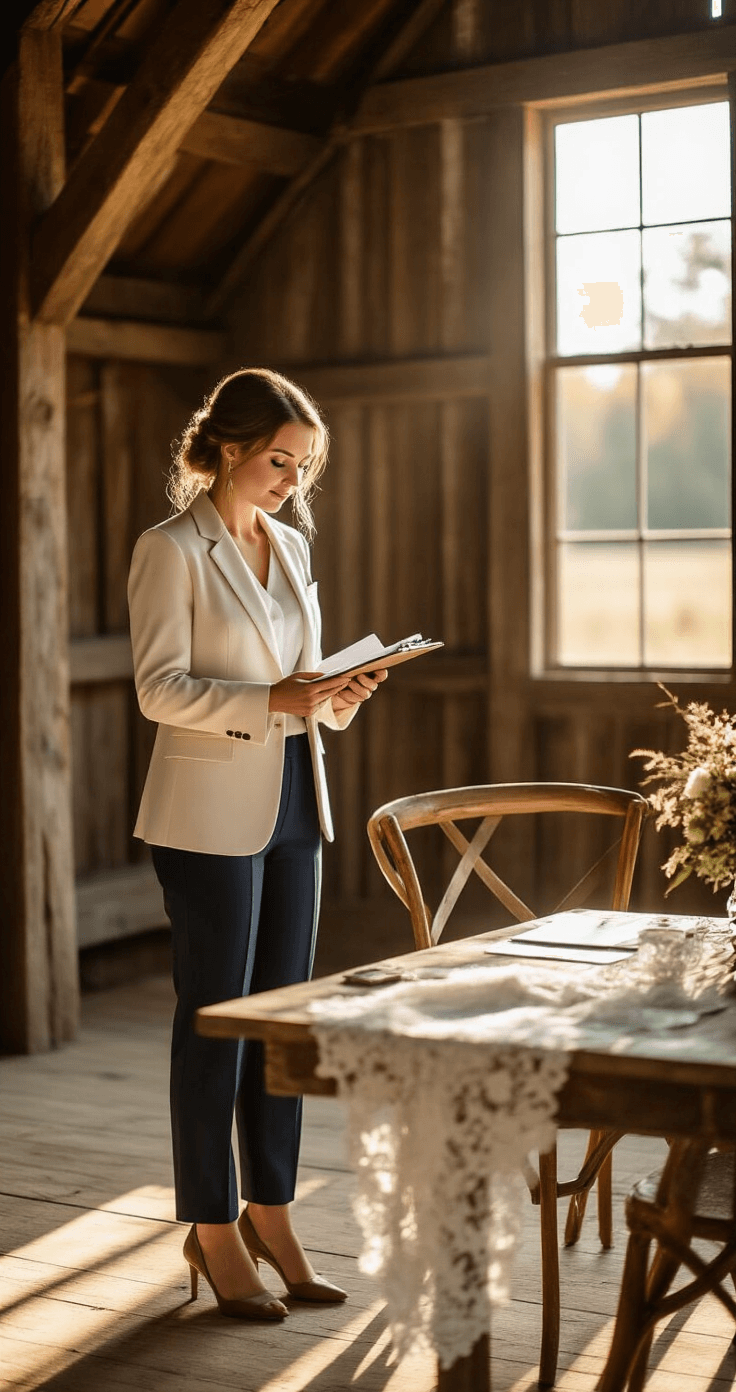 How to Become a Wedding Officiant: Everything You Need to Know A warm golden hour wedding rehearsal in a rustic barn featuring a female officiant in an ivory blazer arranging chairs, with soft sunlight filtering through wooden beams and delicate wedding details on a vintage table.