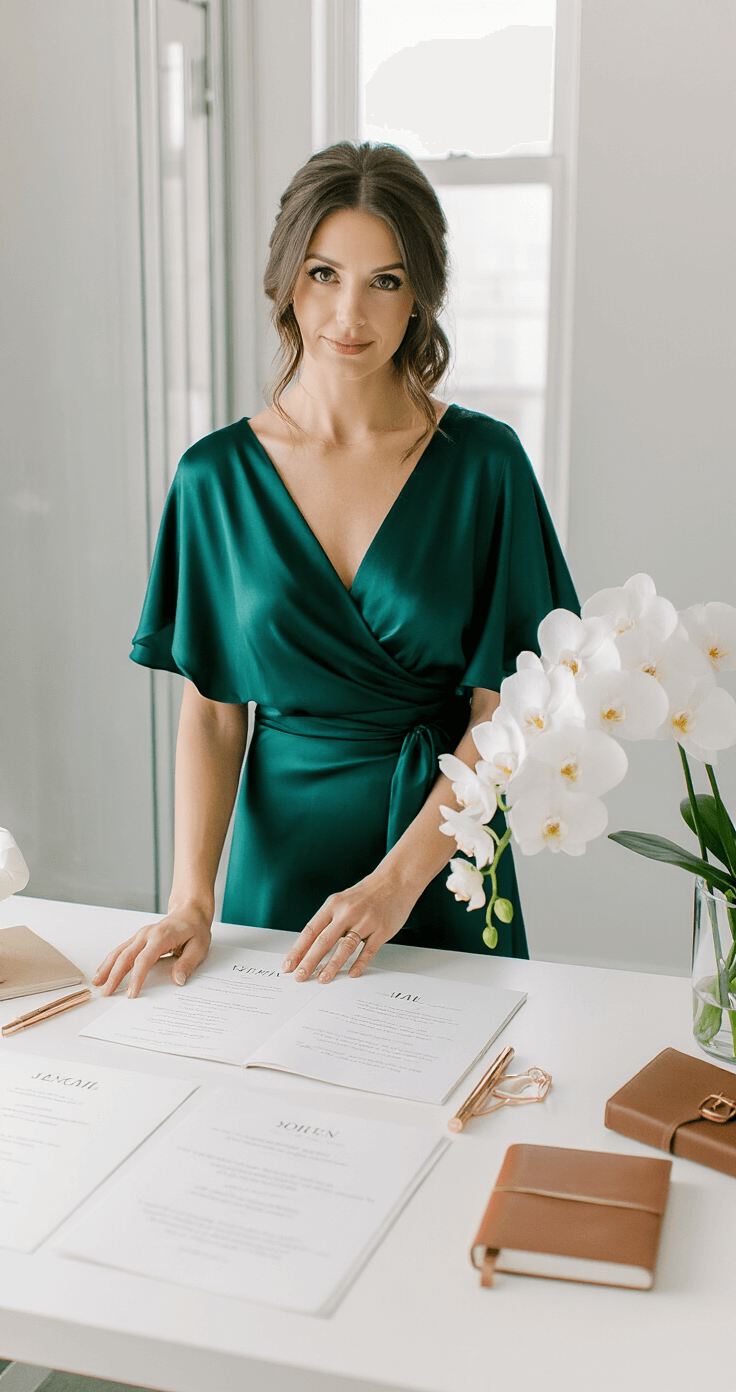 How to Become a Wedding Officiant: Everything You Need to Know A professional female wedding officiant in an emerald green silk wrap dress stands in a contemporary glass-walled studio, surrounded by wedding ceremony script drafts and rose gold accessories on a minimalist desk, with soft ambient lighting and fresh white orchids.