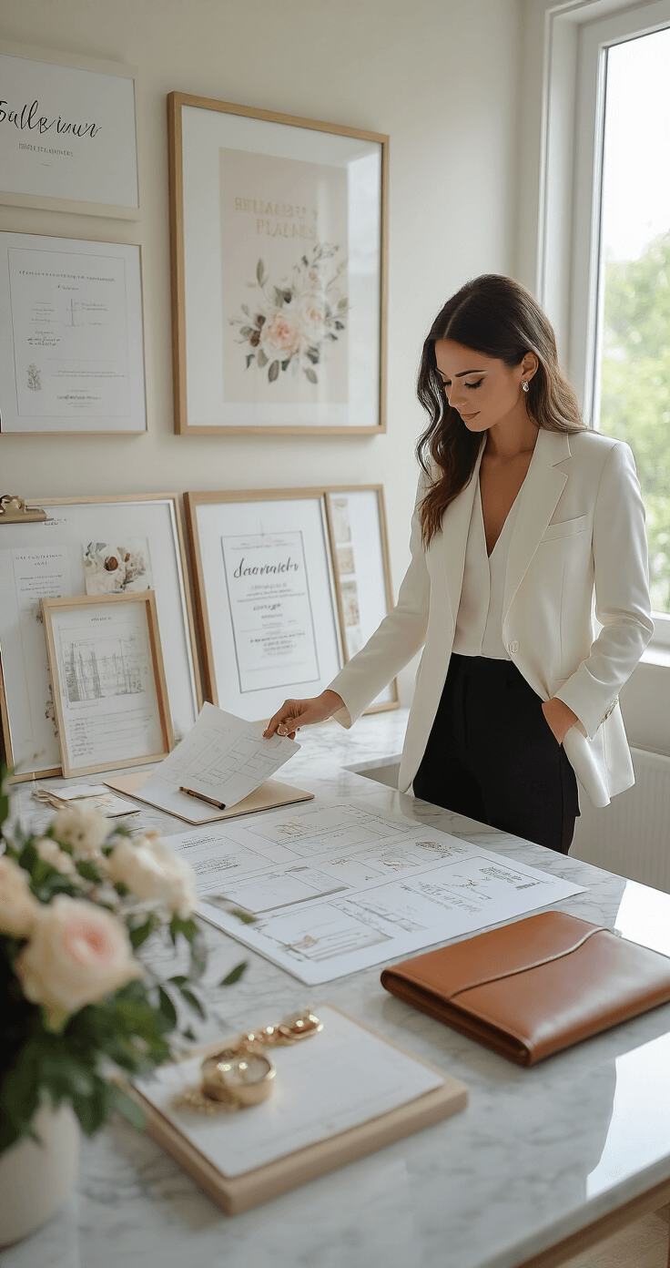 How to Become a Wedding Planner With No Experience (And Actually Make Money Doing It) A young wedding planner in a tailored white blazer and black pants organizes a wedding timeline at a marble-top desk, surrounded by mood boards and planning tools, in a stylish minimalist home office filled with natural light.