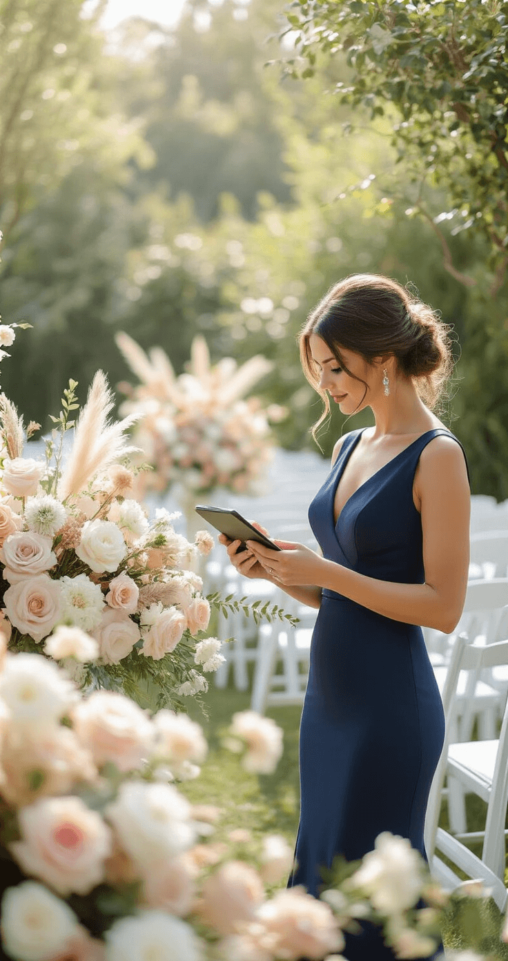 How to Become a Wedding Planner With No Experience (And Actually Make Money Doing It) A wedding planner in a tailored navy blue dress checks arrangements on a tablet in a picturesque garden venue, surrounded by white chairs and blush and ivory floral installations, with soft sunlight creating a dreamy atmosphere.