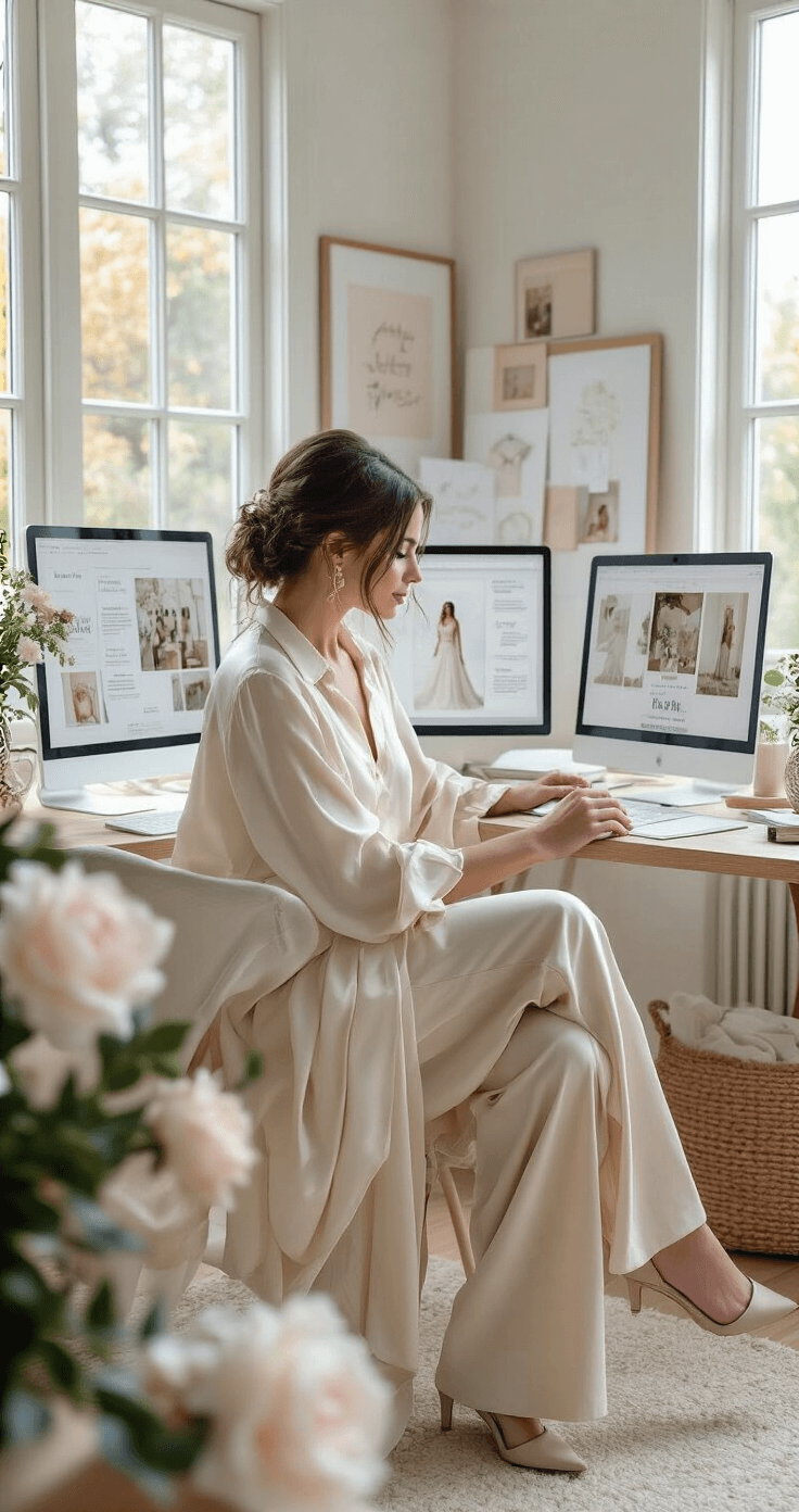 How to Become a Wedding Planner With No Experience (And Actually Make Money Doing It) An intimate home office featuring a wedding planner in a cream silk blouse and wide-leg trousers, working on a digital portfolio surrounded by wedding vision boards and multiple computer screens. The space is filled with soft natural light, showcasing a minimalist design and professional lifestyle elements.